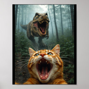 Affiche Selfie de chat orange avec T-Rex dinosaure drôle h