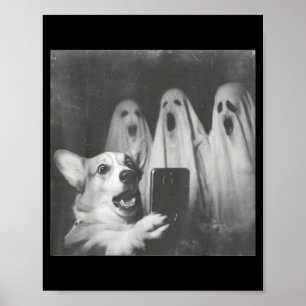 Affiche Selfie de corgi drôle avec des fantômes rétro Hall