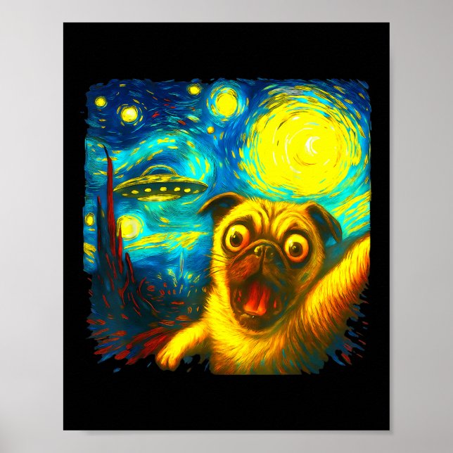 Affiche Selfie de Pug avec un alien UFO drôle nuit étoilée (Devant)
