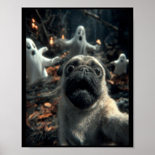 Affiche Selfie de Pug drôle avec des fantômes dans une for