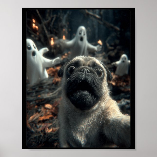 Affiche Selfie de Pug drôle avec des fantômes dans une for (Devant)