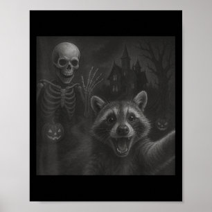 Affiche Selfie Raccoon Avec Squelette Drôle Raccoon Hallow