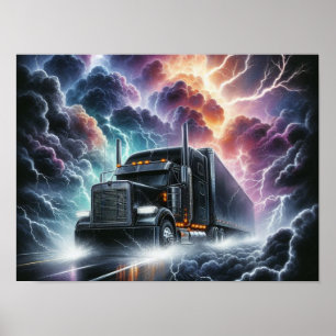 Affiche Semi Camion dans une tempête de foudre vibrante