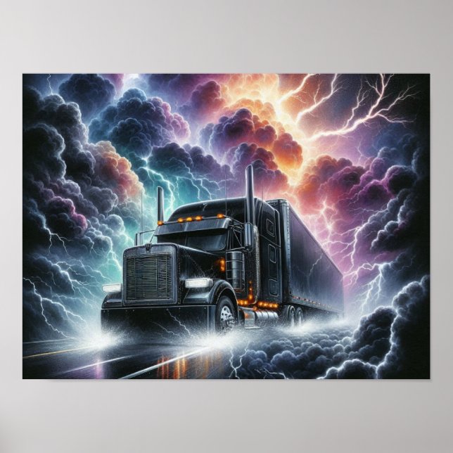 Affiche Semi Camion dans une tempête de foudre vibrante (Devant)