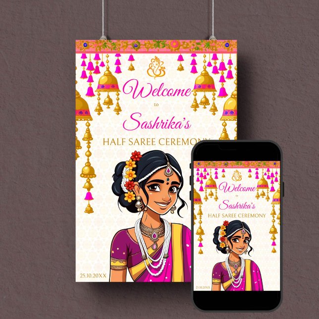 Affiche Semi Saree cérémonie mignonne fille indienne signe (Half saree ceremony welcome sign poster instant download cute Indian girl cerise gold bells Ganesha)