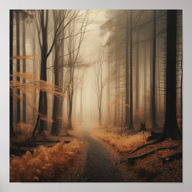 Affiche Sentier brumeux tranquille à travers l'automne dor (Devant)