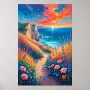 Affiche Sentier côtier coloré avec fleurs et vue sur l'océ