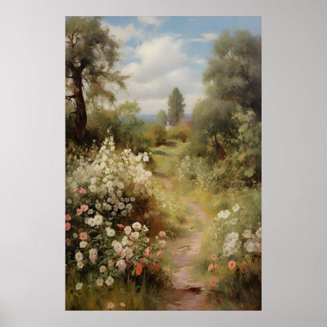 Affiche Sentier de jardin fleuri vintage printemps , Huile (Devant)
