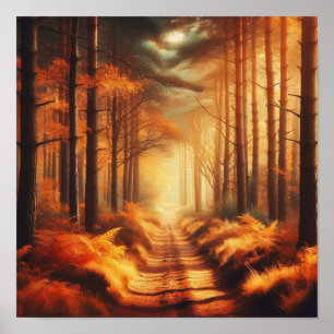Affiche Sentier de la forêt ambre avec rayons de soleil –