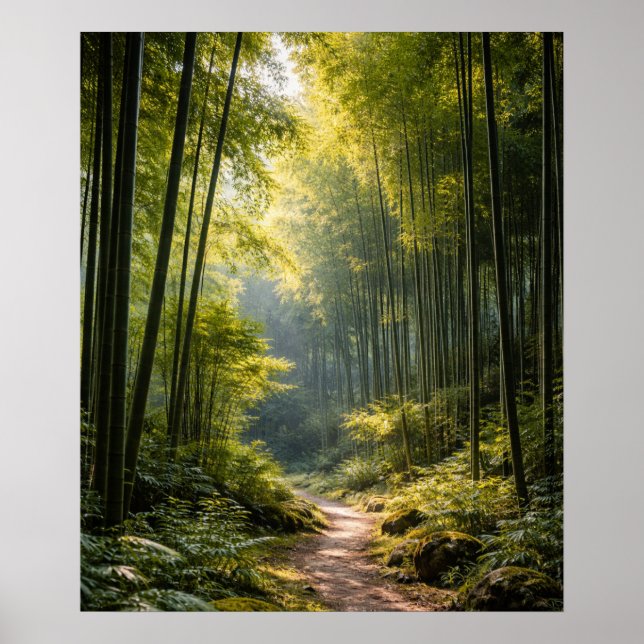 Affiche Sentier ensoleillé à travers la forêt de bambou (Devant)