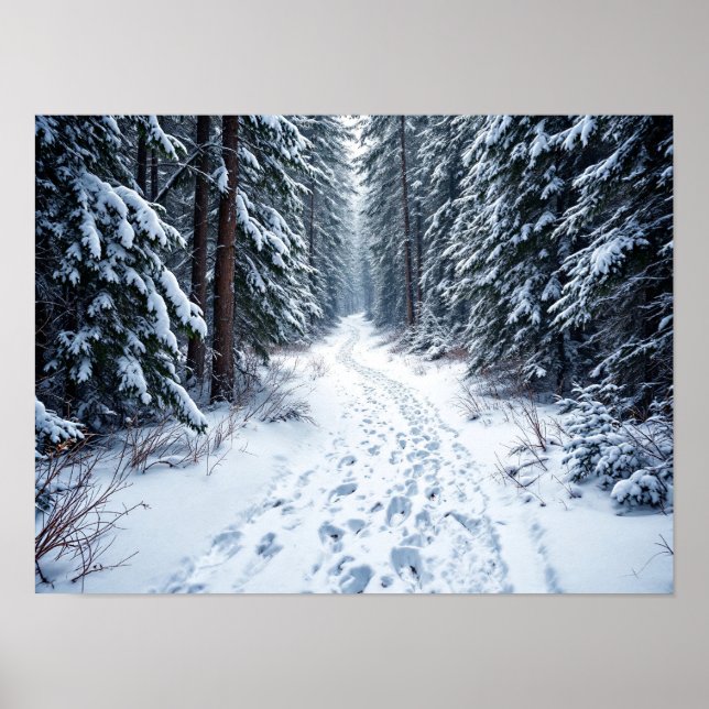 Affiche Sentier forestier enneigé en hiver avec des emprei (Devant)