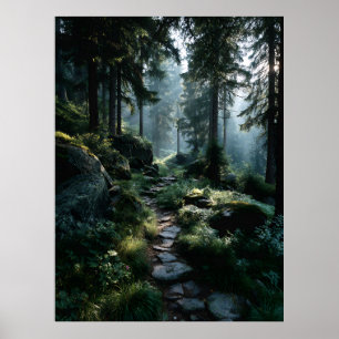 Affiche Sentier forestier ensoleillé à travers les pins an