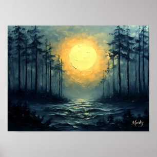 Affiche Sentier forestier serein au clair de lune avec ple