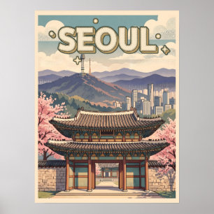 Affiche Séoul Corée du Sud – Cerisiers en Fleur & Toits de