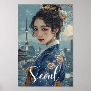 Affiche Séoul Corée du Sud Illustration de voyage Art Vint