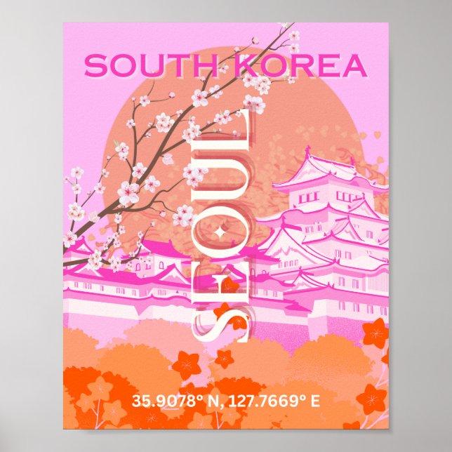 Affiche Séoul Corée du Sud Voyage Art, rose (Devant)
