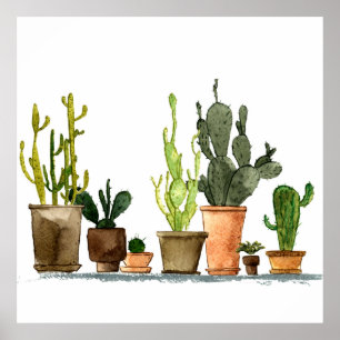 Affiche Sept cactus d'aquarelle vert dessinés à la main en