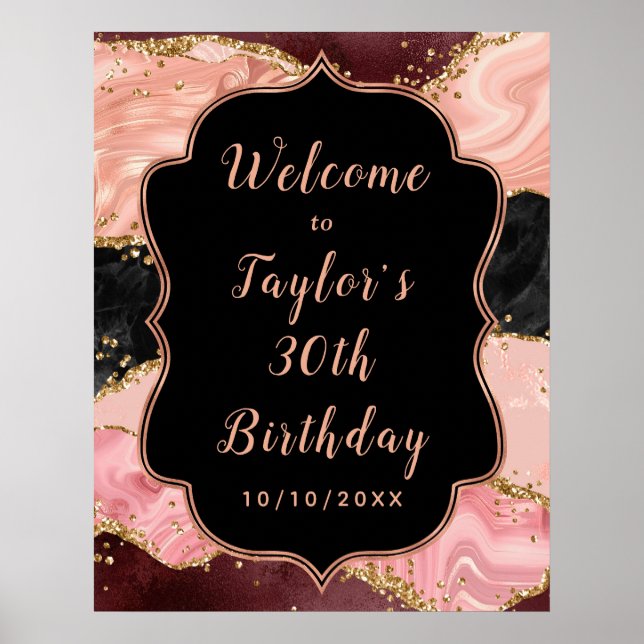Affiche Séquins noirs et roses Agate Anniversaire Bienvenu (Devant)