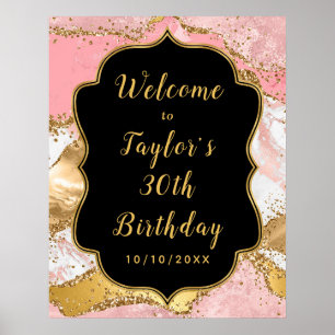 Affiche Séquins or et rose Agate Anniversaire Bienvenue