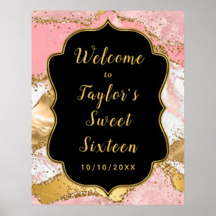 Affiche Séquins or et rose Agate Sweet sixteen Bienvenue