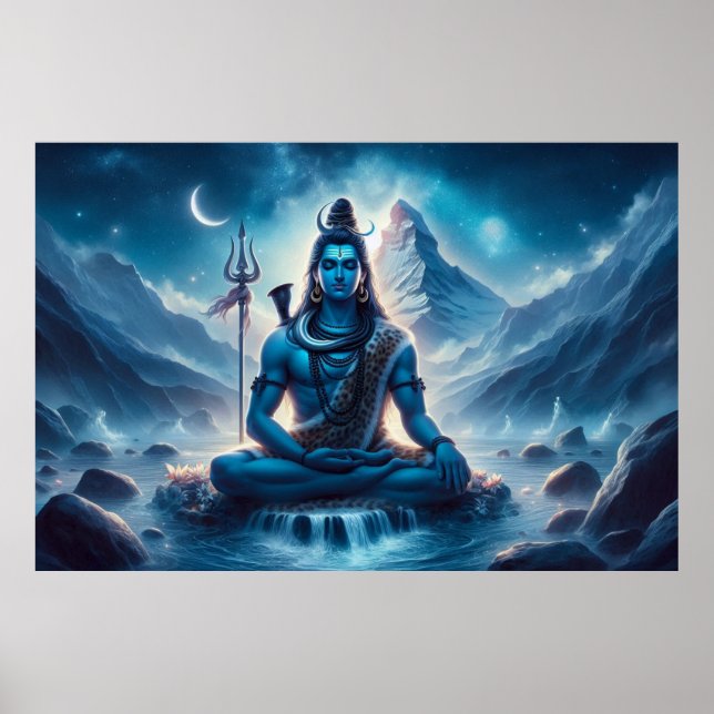 Affiche Serene Blue Cosmic Artwork Lord Shiva Méditation (Devant)