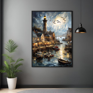 Affiche Serene Coastal Village à Dusk Nautical Harbour Art