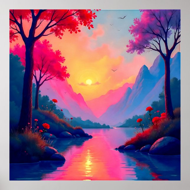 Affiche Serene Fantasy Sunset River Mountain Landscape (Devant)