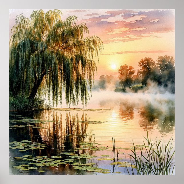 Affiche Serene Lake Sunrise avec Willow Tree (Devant)