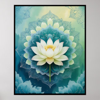 Affiche Serene Lotus Mandala : Bleu & Vert Méditation Art