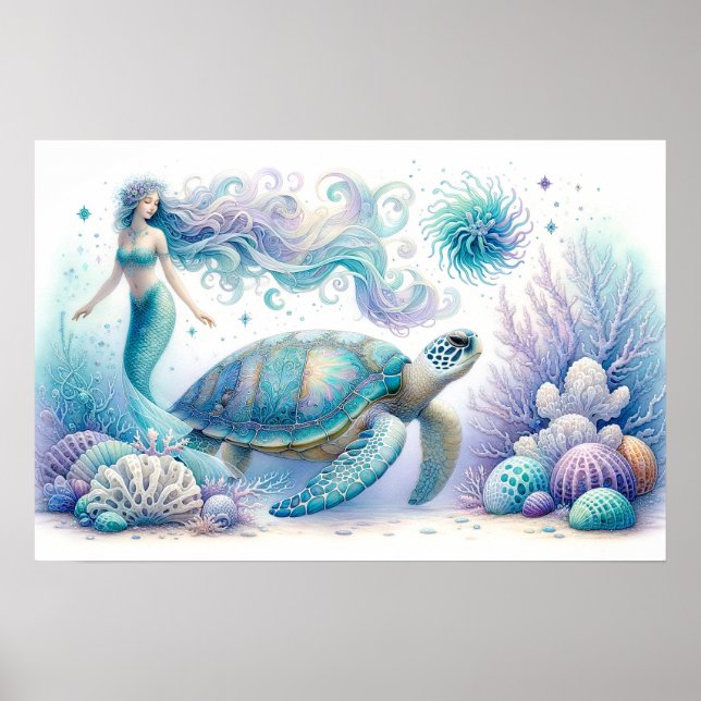 Affiche Serene Mermaid et Sea Turtle Imprimer (Devant)