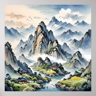 Affiche Serene Misty Mountains, Paysage Tranquille