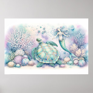 Affiche Serene Sea Turtle et Mermaid Imprimer