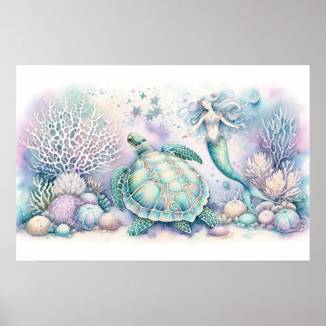 Affiche Serene Sea Turtle et Mermaid Imprimer (Devant)