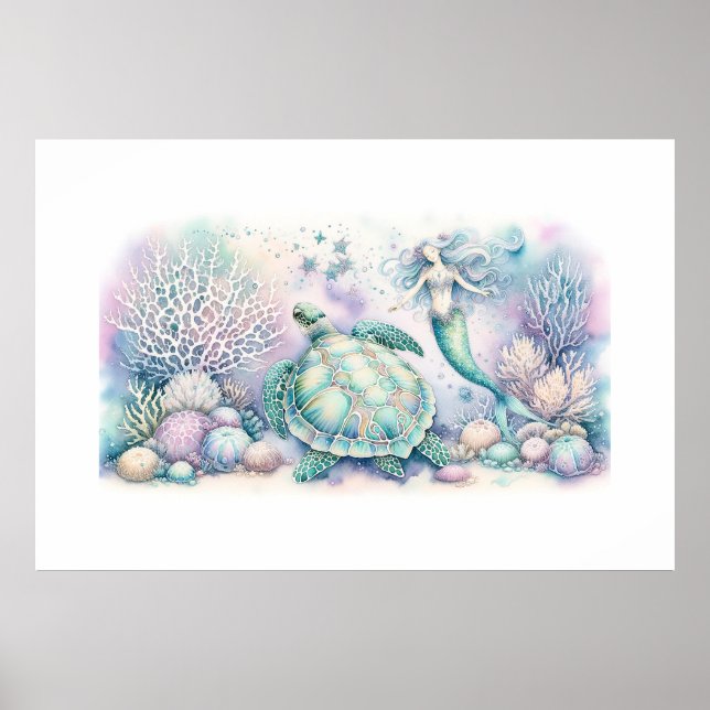 Affiche Serene Sea Turtle et Mermaid Imprimer (Devant)