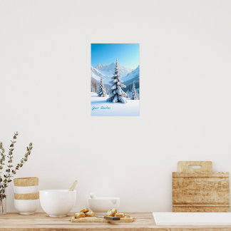 Affiche Serene Snowy Mountain Landscape & Winter Pine Tree