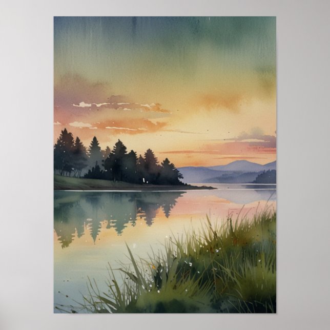Affiche Serene Watercolor Mountain Landcape Art Imprimer (Devant)