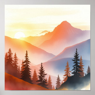 Affiche Serene Watercolor Mountain Landscape Wall Art