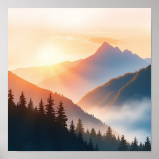 Affiche Serene Watercolor Mountain Landscape Wall Art