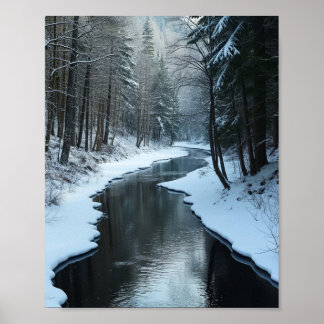 Affiche Serene Winter River Flowing Through Snowy Forest