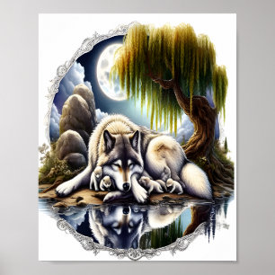 Affiche Sérénité au Clair de Lune Un Loup Endormi 8x10