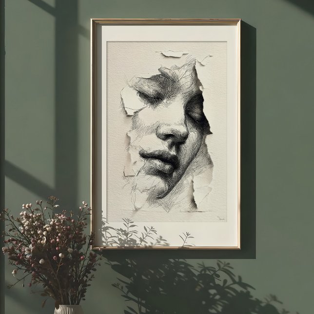 Affiche Sérénité brisée : Visage d'art monochrome (Créateur téléchargé)
