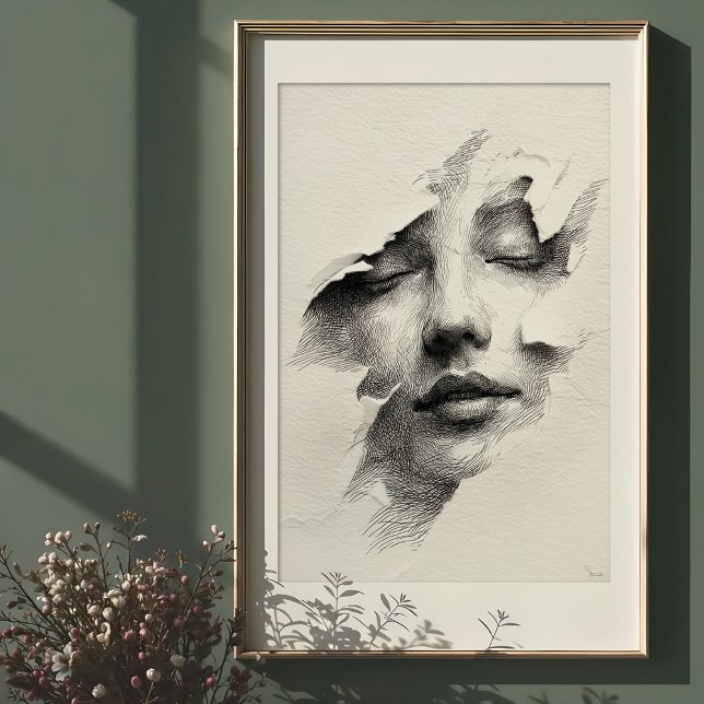 Affiche Sérénité brisée : Visage monochrome complexe (Créateur téléchargé)