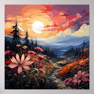 Affiche Sérénité coucher de soleil : Fleurs sauvages et mo
