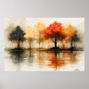 Affiche Sérénité d'automne - Reflets brumeux et arbre arde