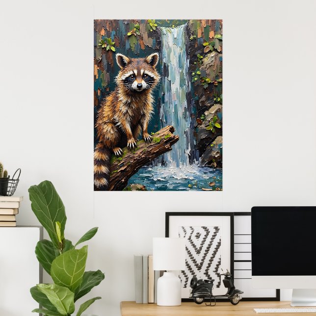 Affiche Sérénité des bois : Raccoon près des chutes (Bureau à domicile)