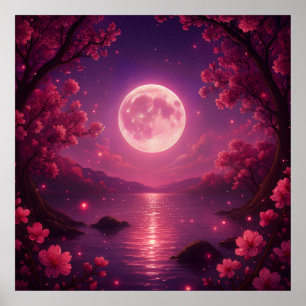 Affiche Sérénité des cerisiers en fleurs au clair de lune
