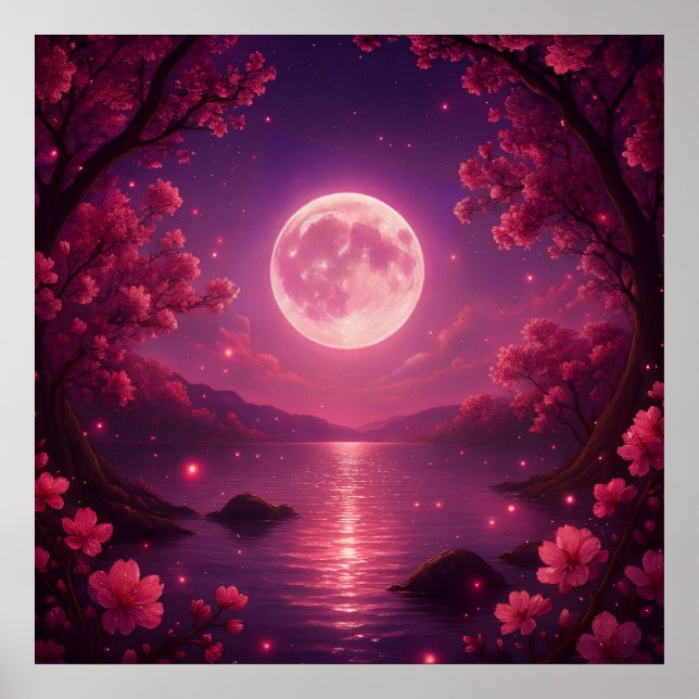 Affiche Sérénité des cerisiers en fleurs au clair de lune (Devant)