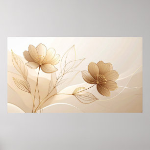 Affiche Sérénité Dorée : Art en Ligne Floral Minimaliste e