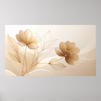 Affiche Sérénité Dorée : Art en Ligne Floral Minimaliste e