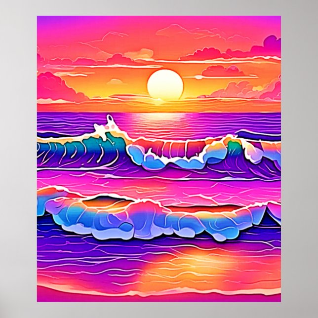 Affiche Sérénité du coucher de soleil de la vague rétro (Devant)